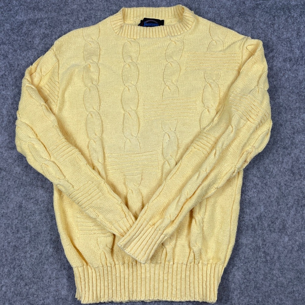 Vintage Jantzen Cable Knit Sweater Mens Small Yellow Cotton Blend Pullover USA‎